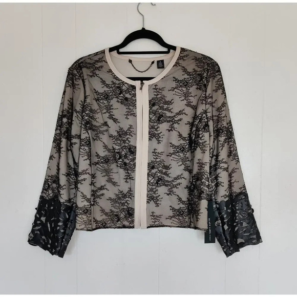 Black Label Chico's Collection Floral Lace Cutwork Moto Jacket Black Sz L - Picture 1 of 9